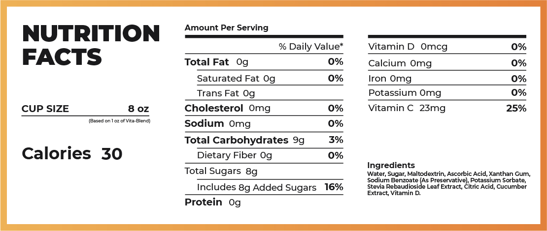 Nutrition facts for Kona Ice’s Vita Blend